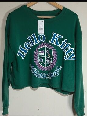 NWT-  XL HelloKitty Athletic Dept. Green Crewneck Cropped Sweatshirt